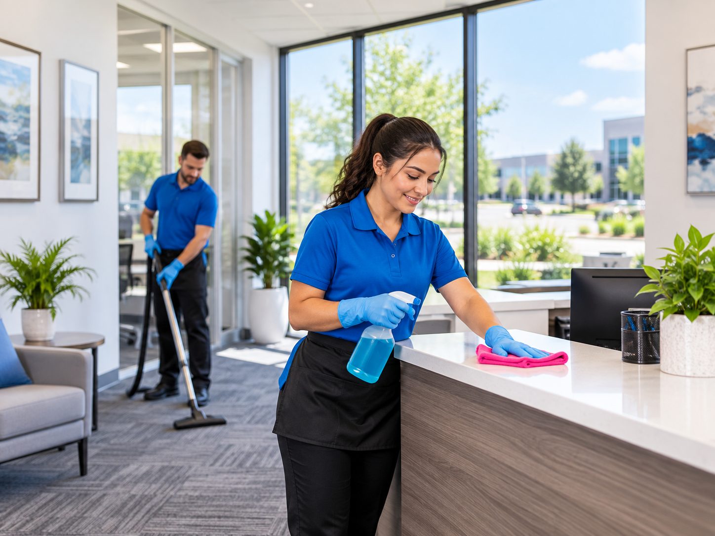 Two Clean Time cleaners in blue uniforms vacuuming and wiping a reception desk in a sunny office